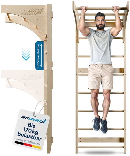 ArtSport Sprossenwand für Erwachsene - Indoor Klettergerüst aus Holz - Klimmzugstange & Krafttraining - Befestigung an Wand - Kletterwand - Natur