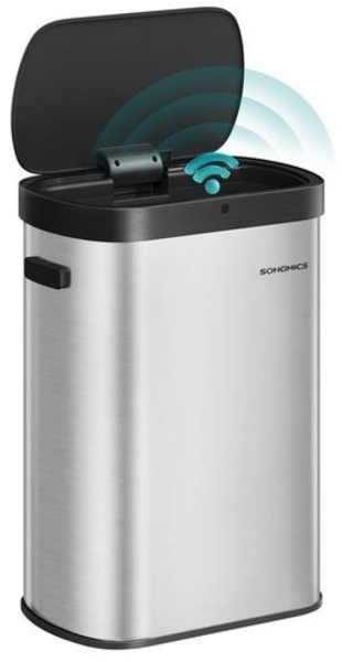 SONGMICS Mülleimer mit Sensor, automatischer Abfalleimer 50 L, Öffnen per Handbewegung oder Berühren, Softclose-Deckel, Edelstahl, inkl. 15 Müllbeutel, metallicsilber-tintenschwarz