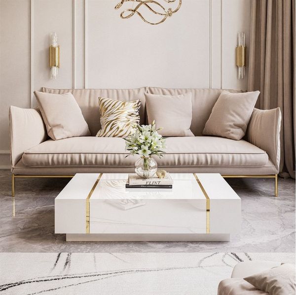 lukmebel Onyx Couchtisch Hoch Mit Hochglanz-Finish Unterthekenaufbewahrung Golden Elements Push-Open-Öffnungssystem Laminatplatte 104 x 60 x 365 Weiß