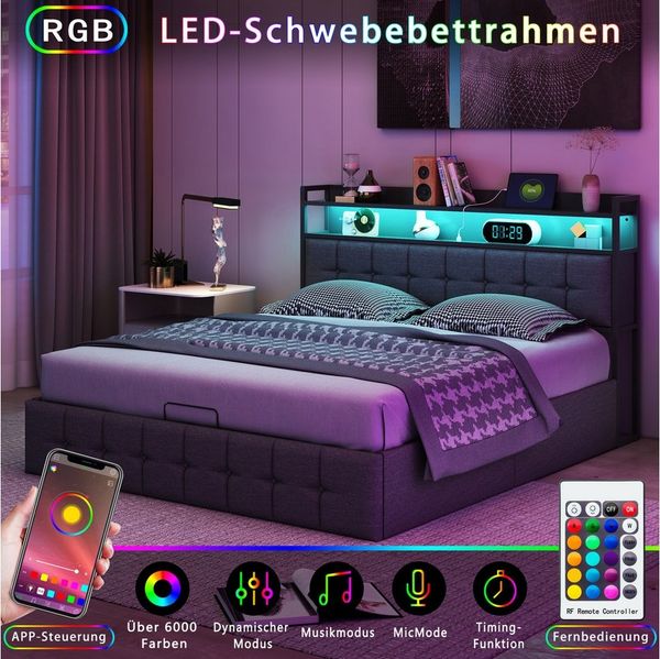 FUROKOY Polsterbett Doppelbett Stauraumbett Mit Bettkasten, 160x200 cm,Stauraum,Gepolstert,Weich und bequem,Leinenstoff,grau