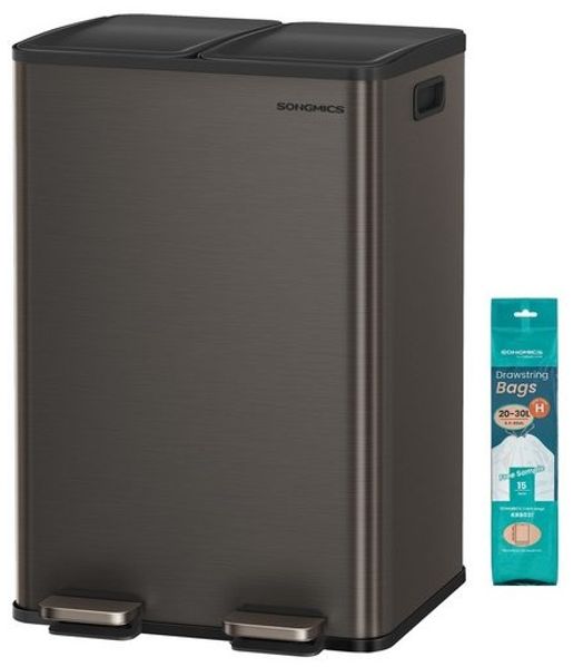 SONGMICS Mülleimer Küche, 2 x 30 Liter, 2 Fächer, Abfalleimer, Tretmülleimer, Küchenmülleimer mit Softclose-Deckel und Inneneimer, Stahl, inklusive 15 Müllbeutel