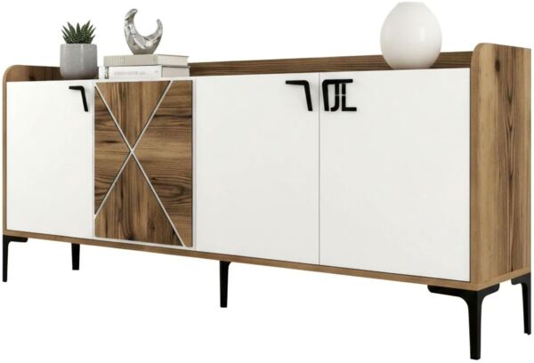 Dmora - Konsolentisch Deneb, Wohnzimmer-Sideboard, niedriger TV-Schrank, ausgestatteter Wandsockel, 180 x 35 h78 cm, Walnuss und Weiß