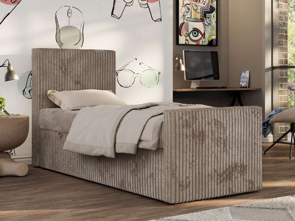 Boxspringbett 90x200 TILIO DUO inkl. Bettkasten & 7-Zonen Multipocket-Matratze, Modernes Jugendbett, Einzelbett - Hellbraun Cord - H4 - Links