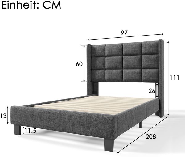 Polsterbett 90x200 cm mit gepolstertem Kopfteil, Stoffbett in Grau, stabile Holzlatten, ruhiges Design,inklusive Matratze Bild 7
