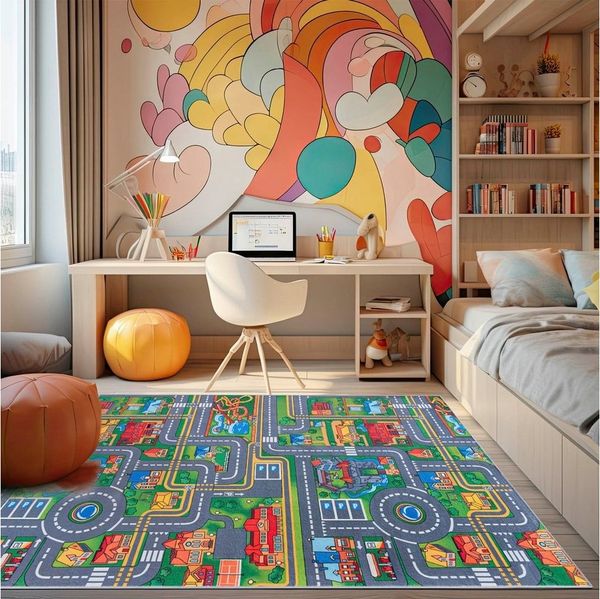 Mazovia Kinderteppich Kinderteppich Spiel Teppich Kinderzimmerteppich Straße Grün Grau, 160 x 230 cm, Fußbodenheizung, Allergiker geeignet, Rutschfest
