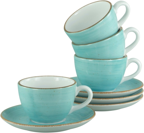 CreaTable Tasse Vintage Nature Aqua, Kaffeetassen-Set, 8-tlg, Porzellan, Handgemalt, Gesprenkelt, Rustikales Außenband Bild 5