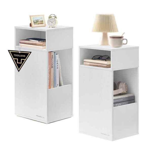 Nachttisch, Toolless-Technologie, superschnelle werkzeuglose Montage, Nachtschrank, 2 offene Fächer, 1 Schublade, Beistelltisch 2er Set, 30 x 25 x 59,4 cm, schneeweiß