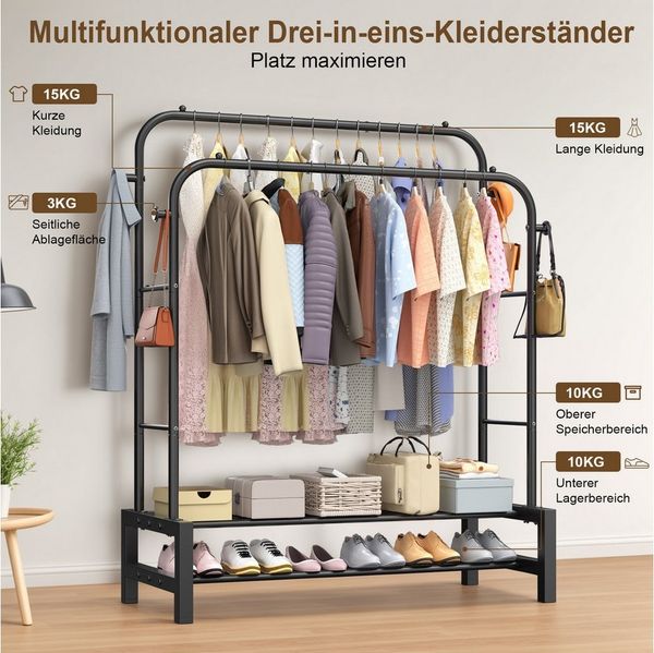 loefme Kleiderständer 3-in-1 Garderobenständer, Metall Kleiderstange offen, (mit doppelter Ablage & Seitenhaken), Einfache Montage Multifunktionaler Kleiderständer, Schwarz