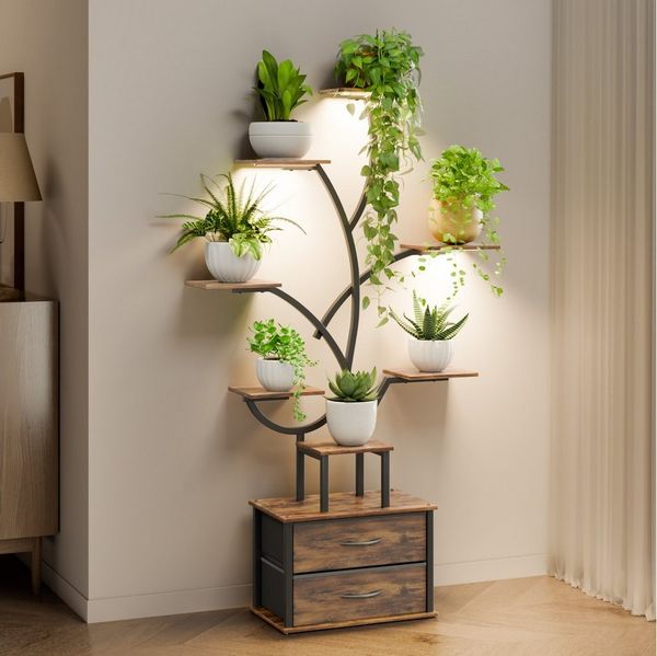 Mondeer Blumenständer Pflanzenständer, mit LED-Pflanzenlampe, 9 Etagen, 2 Schubladen