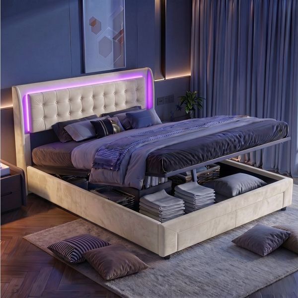 PXloue Polsterbett LED Doppelbett, Bettkasten, Schubladen, Samt, 180x200 cm