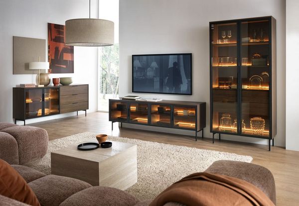 MOEBLO Kommode ELOA 181 2d3s (Ornamentglas & gehärtetes Glas, LED-Beleuchtung, Metallakzente, Kaschmir & Eiche Dunin, Sideboard, Wohnzimmer, Schlafzimmer, Highboard), (BxHxT): 181,3 x 82,6 x 39,3 cm