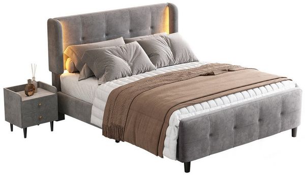 HAUSS SPOLE Polsterbett 140x200cm mit LED-Leisten, Nachttisch mit 2 Schubladen, Samt, Grau