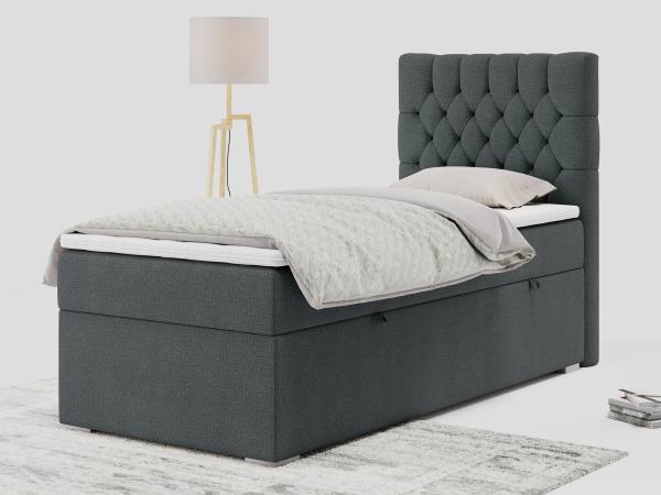 Boxspringbett PERA, Polsterbett mit Kopfstütze, gepolsterte Kopfstütze, Einzelbett, 90x200 - Dunkelgrau Stoff - rechts - H4