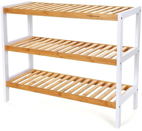 Songmics Schuhregal aus Bambus, Schuhablage mit 3 Ebenen, Schuh-Organizer, Regal für Schuhe, Pflanzen, Bücher, Wohnzimmer, Flur, Schlafzimmer, Badezimmer, 26 x 70 x 55 cm, weiß-naturfarben LBS03H