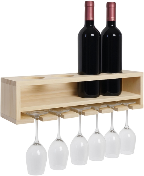 Weinregal HWC-P21, Glas-/Flaschenhalter Wandbar Regal für 4 Flaschen/6 Gläser Holz FSC®-zertifiziert 12x48x12cm ~ natur