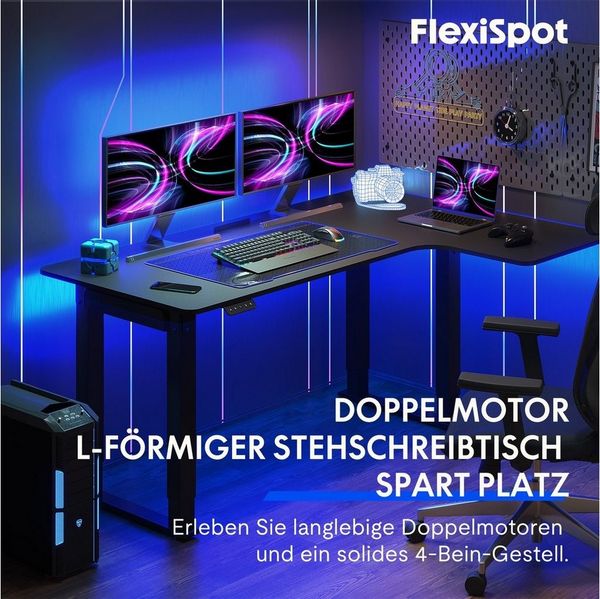 FLEXISPOT Schreibtisch Elektrisch höhenverstellbarer Tisch mit Doppelmotor (Höhenverstellbarer Schreibtisch elektrisch), gaming Tisch, 4-Beinen, L-förm, 2 Motoren, 2-Fach-Teleskop