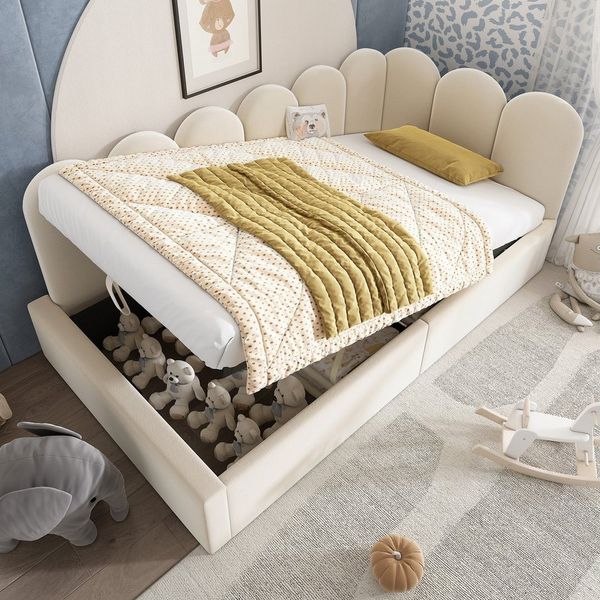 Celya Polsterbett Daybett 90x190 cm,Tagesbett Schlafsofa mit hydraulischem Stauraum (ohne Matratze), Kinderbett mit Metall-Lattenrost, Samt, Beige