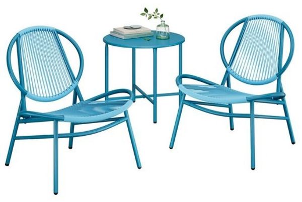 SONGMICS Balkonmöbel, 3er Set, Outdoor, mit Tisch, 2 Stühlen, PE-Polyrattan, seeblau
