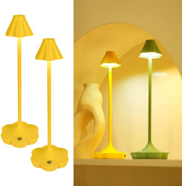 LuminexDesigns 2ER Blumen-Design Touch Nachttischlampe Kabellos, IP54 Spritzwassergeschützt, Wiederaufladbare LED Tischlampe, Dekorative Tischleuchte für Schlafzimmer, Wohnzimmer-Senfgelb