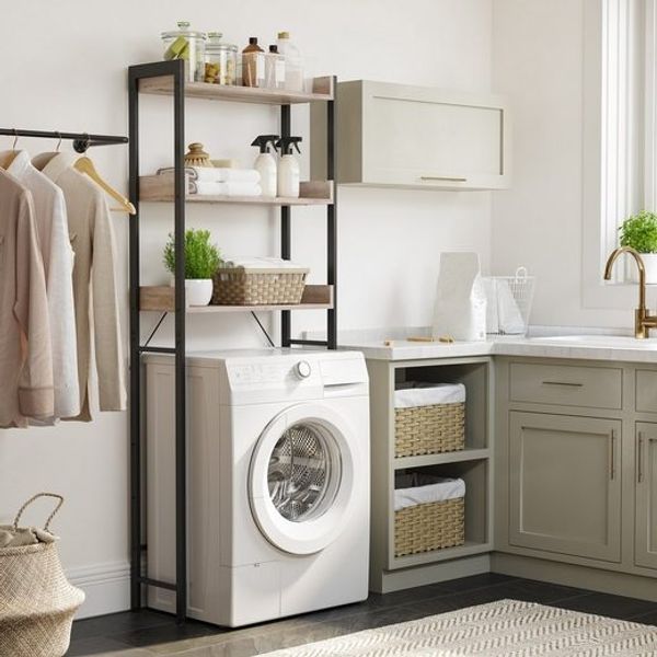 Vasagle Toilettenregal mit 3 offenen Ablagen, Holz | Stahl Greige-Schwarz, 63 x 25 x 165 cm