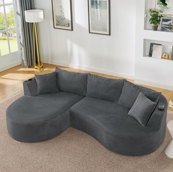3-Sitzer Sofa 76cm×264cm×168cm mit Getränkehaltern – bogenförmiges Design aus weichem Kordstoff in Grau