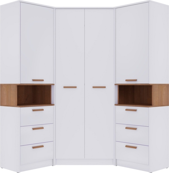 Marmex Möbel Grant 17N Ein Garderoben-Set, Mehrzweckschrank-Set ,Flur, Schlafzimmer, Eckschrank-Set, laminierte Spanplatte, weiß+riviera Eiche, 143x195x143 cm