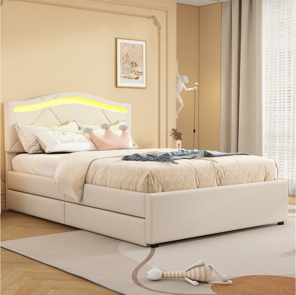 Flieks Polsterbett, LED Einzelbett 90x200 cm mit 2 Schubladen und verstellbarem Kopfteil