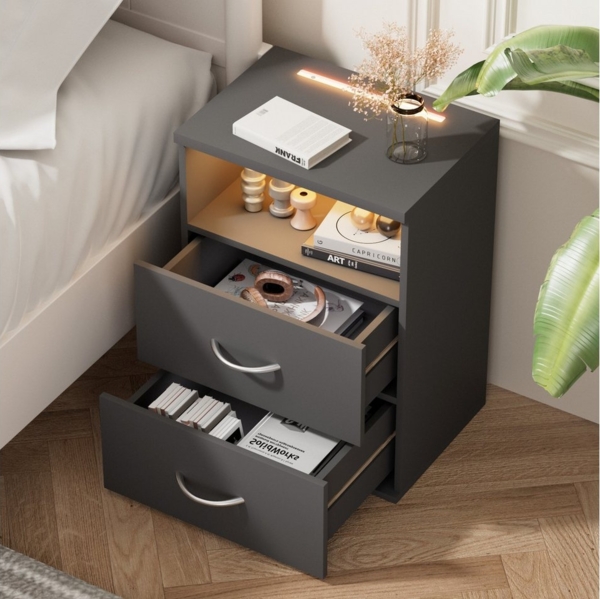 Casaria® Nachttisch 2er Set Touch LED Beleuchtung 40 x 28 x 55 cm Holz 2 Schubladen Boxspringbett Schlafzimmer Wohnzimmer Beistelltisch Nachtschrank Anthrazit