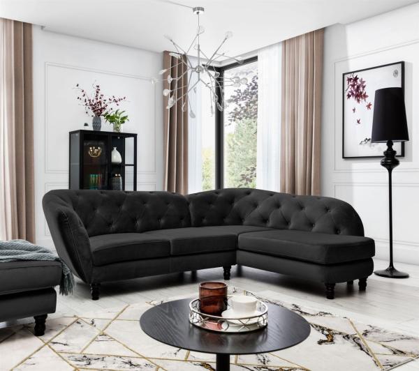 Ecksofa Designersofa CHARLOTTE in Stoff Matt Velvet Schwarz Ottomane Rechts