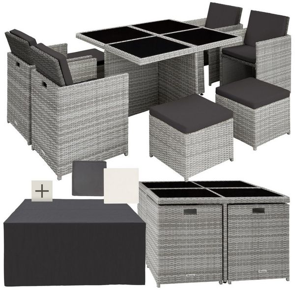 tectake Sitzgruppe Aluminium Rattan Gartenlounge für 4 bis 8 Personen, Inkl, (Loungeset Manhattan, 9-tlg, für Außen in Hellgrau), wetterfest und UV-beständig, 2 Bezugssets, mit Sicherheitsglasplatten