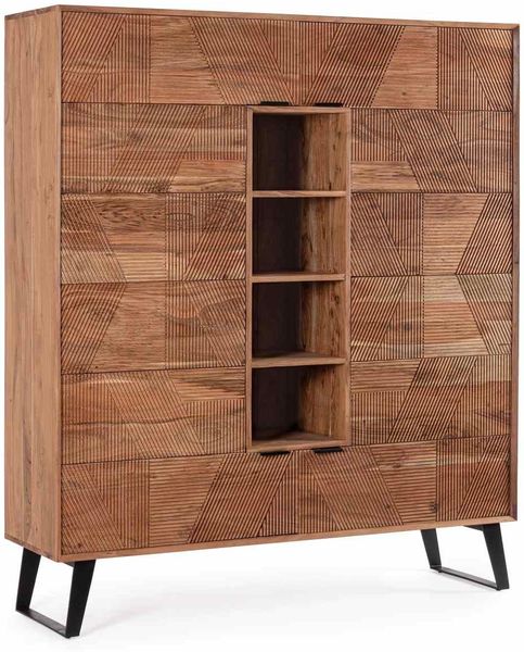 Highboard Isar aus Akazienholz, handgefertigte Schnitzereien, klassisch, natur, 145 cm breit