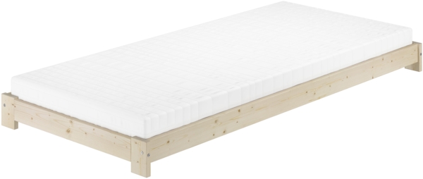 Niederflurbett Einzelbett 90x200 Fichte/Tanne massiv unbehandelt mit wählbarem Zubehör V-60.85N-09Rollrost und Matratze inkl.