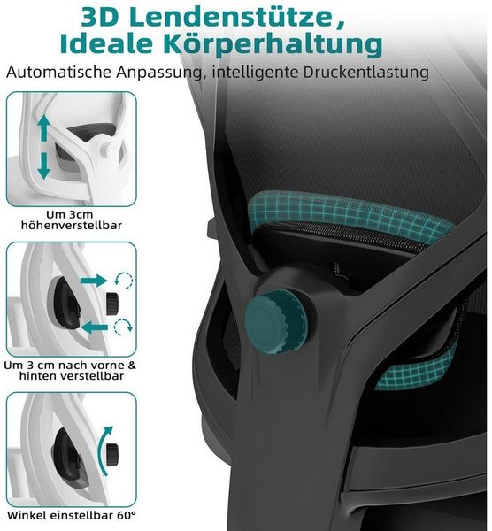 Lexzurn Bürostuhl Bürostuhl ergonomisch, Schreibtischstuhl 3D Memory-Schaum Lendenstütze (Wippfunktion bis 135°, Bis 200kg Belastar, Atmungsaktiv Mesh), Höhenverstellbarer Chefsessel Drehstuhl