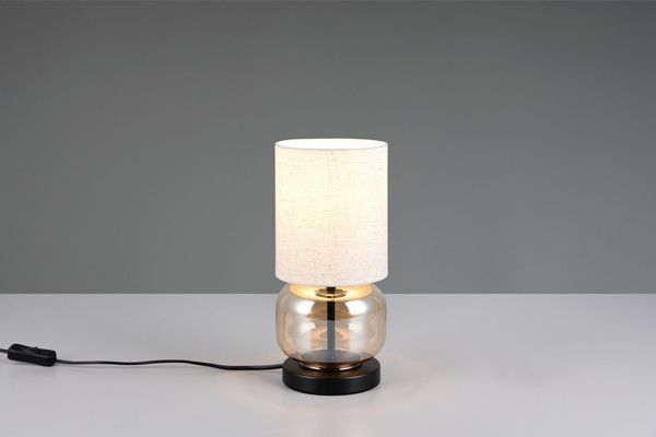 OTTO home Schreibtischlampe Jorrin, Tischlampe mit Glas und Stoffschirm exkl 1x E27 max 40W, Ein-/Ausschalter, Leuchtmittel wechselbar, warmweiß - kaltweiß, Nachttischlampe Tischleuchte m. Schnurschalter Glas amber Schirm beige