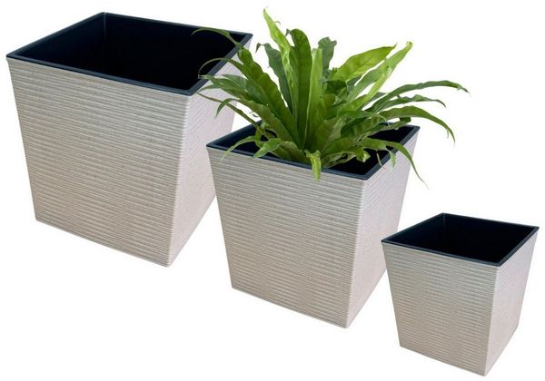 Engelland Pflanzkübel 3er Set Blumentöpfe aus recyceltem Kunststoff & Holz, WPC, Rillenoptik (Vorteils-Set, 3 St, UV-beständig, quadratisch, wetterfest), Blumenkübel für Garten, Balkon, Terrasse, Innen- und Außenbereich
