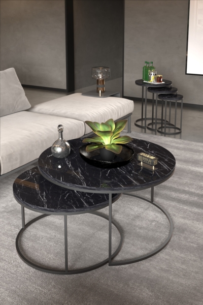 Couchtisch- und Satztisch-Set 70 x 52 x / cm Spanplatte/metallprofil/pvc Marmor Dekor - schwarz 89321615 [en. casa] Bild 4