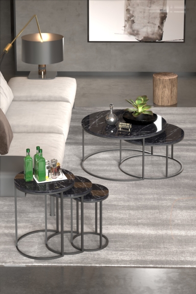 Couchtisch- und Satztisch-Set 70 x 52 x / cm Spanplatte/metallprofil/pvc Marmor Dekor - schwarz 89321615 [en. casa] Bild 2