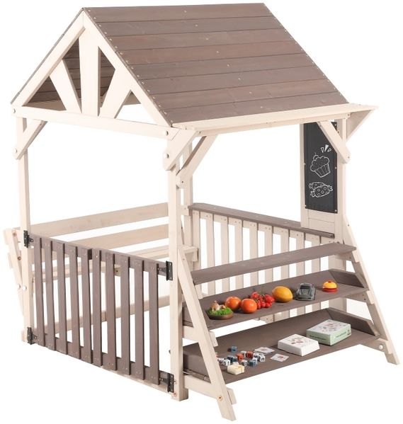 Novelux Outdoor-Küchenspielset aus Holz 147,4 x 113,8 x 155,9 cm mit regensicherem Dach und Regal – wetterfeste Matschküche grau, ab 3 Jahren