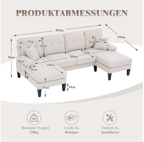TavilaEcon Ecksofa Modernes 4-Sitzer U-Sofa mit Doppel-Chaise-Longue, 1 Teile, aus weichem Leinenstoff, mit komfortabler Polsterung Bild 4