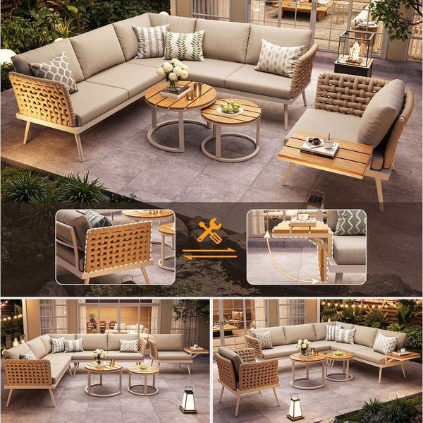 i@home Gartenlounge-Set, (5-tlg), Inkl. 2 Holz-Couchtische & Sessel / Mit Polstern / Grau/Beige