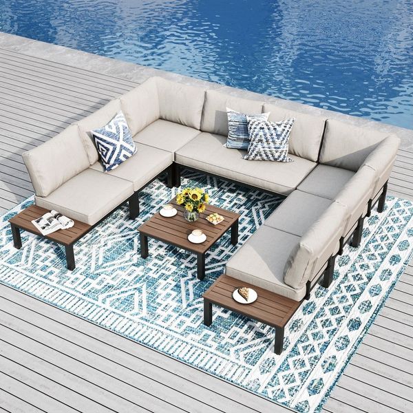 PHI VILLA Gartenlounge-Set, (Gartenmöbel Balkonmöbel mit Verstärkten Kissen und Kaffeetisch), Metall Lounge Möbel Outdoor Gartenlounge, Beige