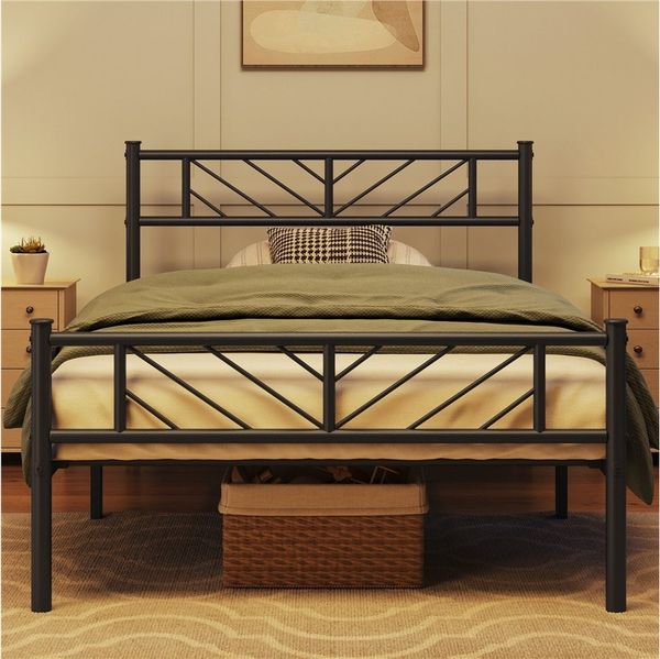 Yaheetech Metallbett, 90x200 cm, mit Kopfteil und Lattenrost, Schwarz