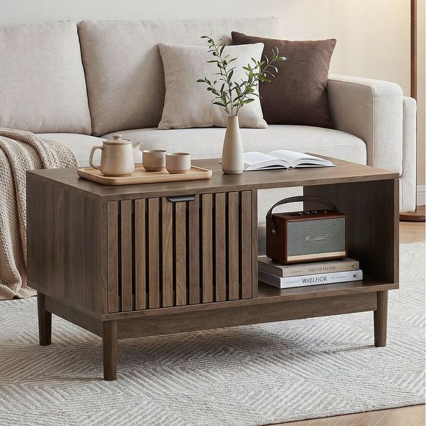 MODFU Couchtisch mit Gitterstruktur (Mid-Century-Mitteltisch mit Schublade, offenen Regalen und Massivholzbeinen in Eichenfarbe, 1-St, 80*50*45cm)