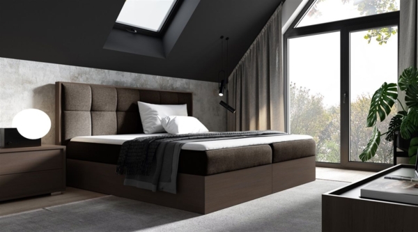 Boxspringbett Bett THANOS 180x200cm Dunkel Eiche Stoff Braun inkl. Bettkasten