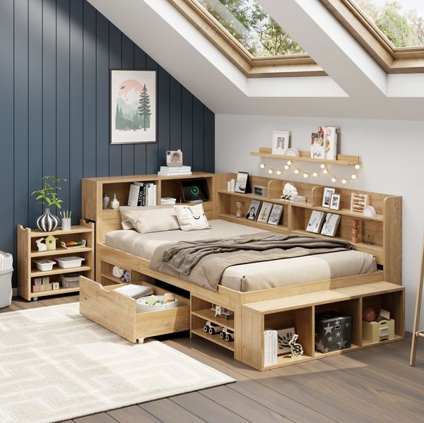 Kinderbett 90x200 cm mit Stauraum und Regalen – Einzelbett aus Plywood in Natur