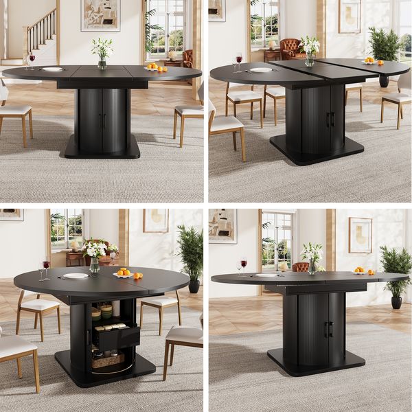 Esstisch ausziehbar, Esszimmertisch, Küchentisch, Runder Esstisch, ausziehbar zu oval, 118-158 cm, Platz für bis zu 6 Personen, Esstisch mit Schubladen, Schwarze