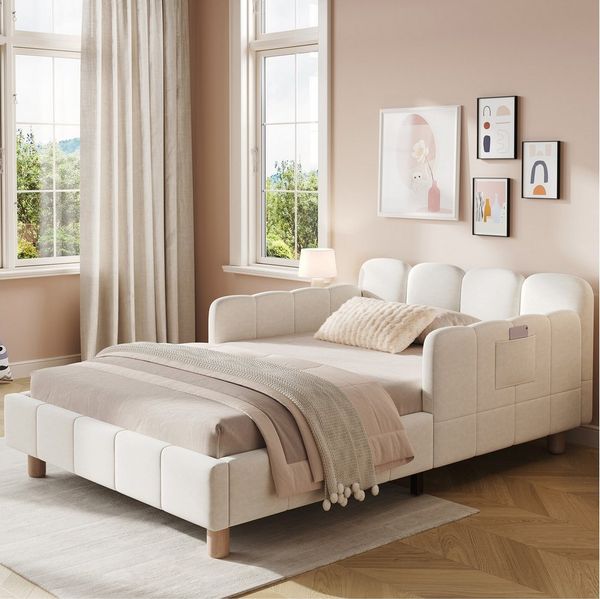 MODFU Polsterbett Inklusive Rausfallschutz für mehr Sicherheit (Packung, 1-tlg, aus Samt Stabile Massivholzbeine, geeignet für Kinder & Jugendliche), 90x200 cm mit variablen Armlehnen und Lattenrost(ohne Matratze)