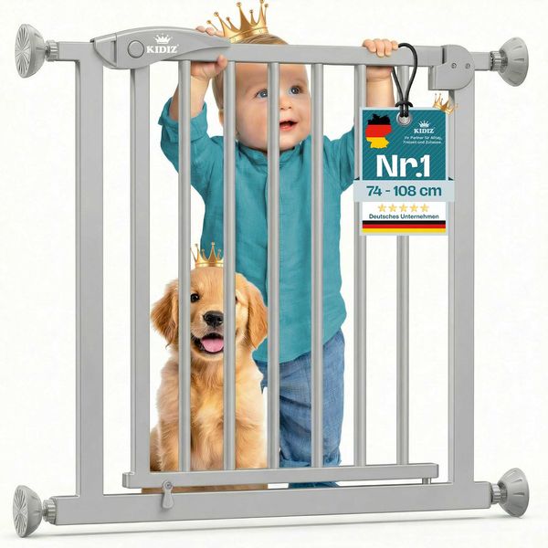 KIDIZ Treppenschutzgitter ohne Bohren | Verstellbare Breite: 102-108 cm, 75 cm hoch, Türschutzgitter und Absperrgitter für Kinder und Hunde, Beidseitige Einhand Öffnung, 90° Open-Stop System, Grau