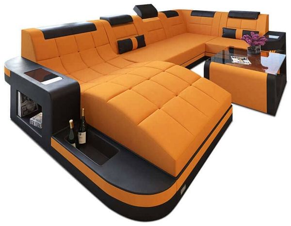 Stoff Wohnlandschaft Wave U-Form mit LED - Mikrofaserstoff - Apricot-Schwarz - Links