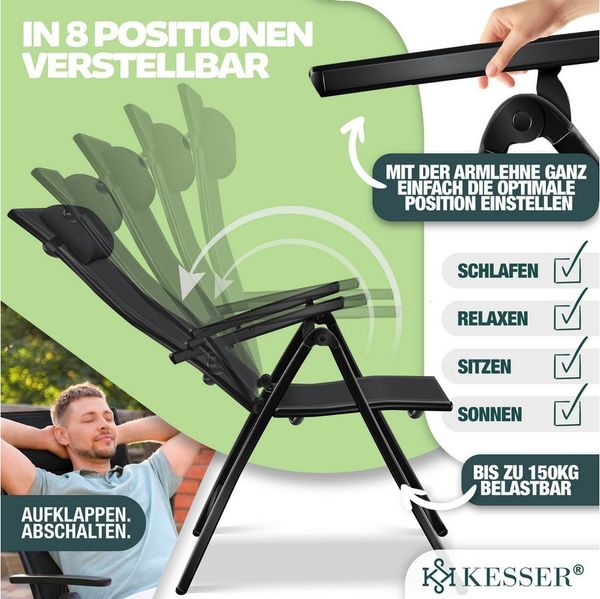 KESSER® Gartenstuhl Hochlehner mit Armlehnen | Aluminium Klappstuhl inkl. Kopfkissen Campingstuhl 7-Fach Verstellbar Rückenlehne | Atmungsaktiv & Wetterfest | Klappbar & Anti-Rutsch Schwarz, 2 Stück Bild 3